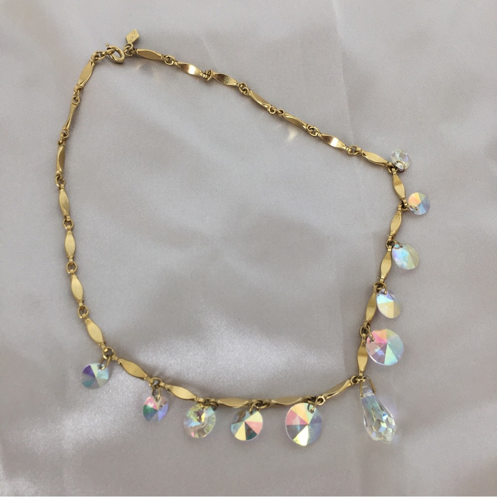 Vintage Sarah Coventry 1960s "Crystal Fire" AB Drop Gold Tone Necklace 16” - Picture 13 of 13